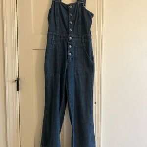 Aerie- sweetheart neck Dark Wash Denim Button-Front Overalls